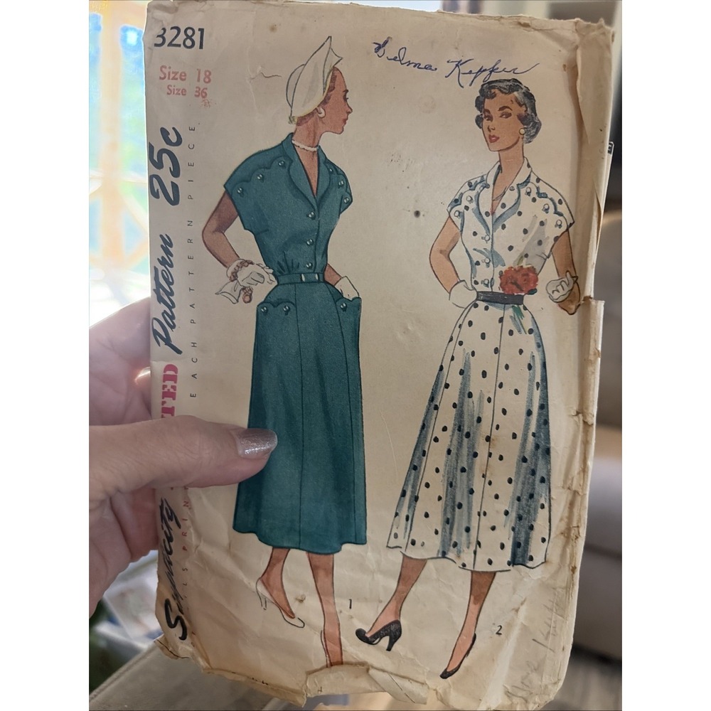 Vintage 1950s Simplicity 3281 Sewing Pattern Dress Uncut Size 18 Bust 36